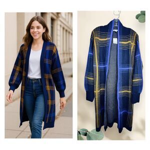 New Cato Clematis Blue & Gold Plaid Knit Duster - Size Small - Balloon Sleeves